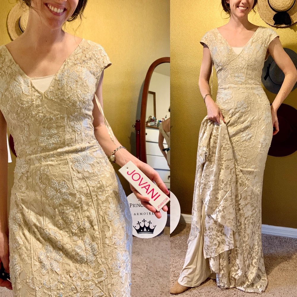 NWT Jovani Cream Nude Lace and Rhinestone Jewel Lace Gown - Picture 9 of 11